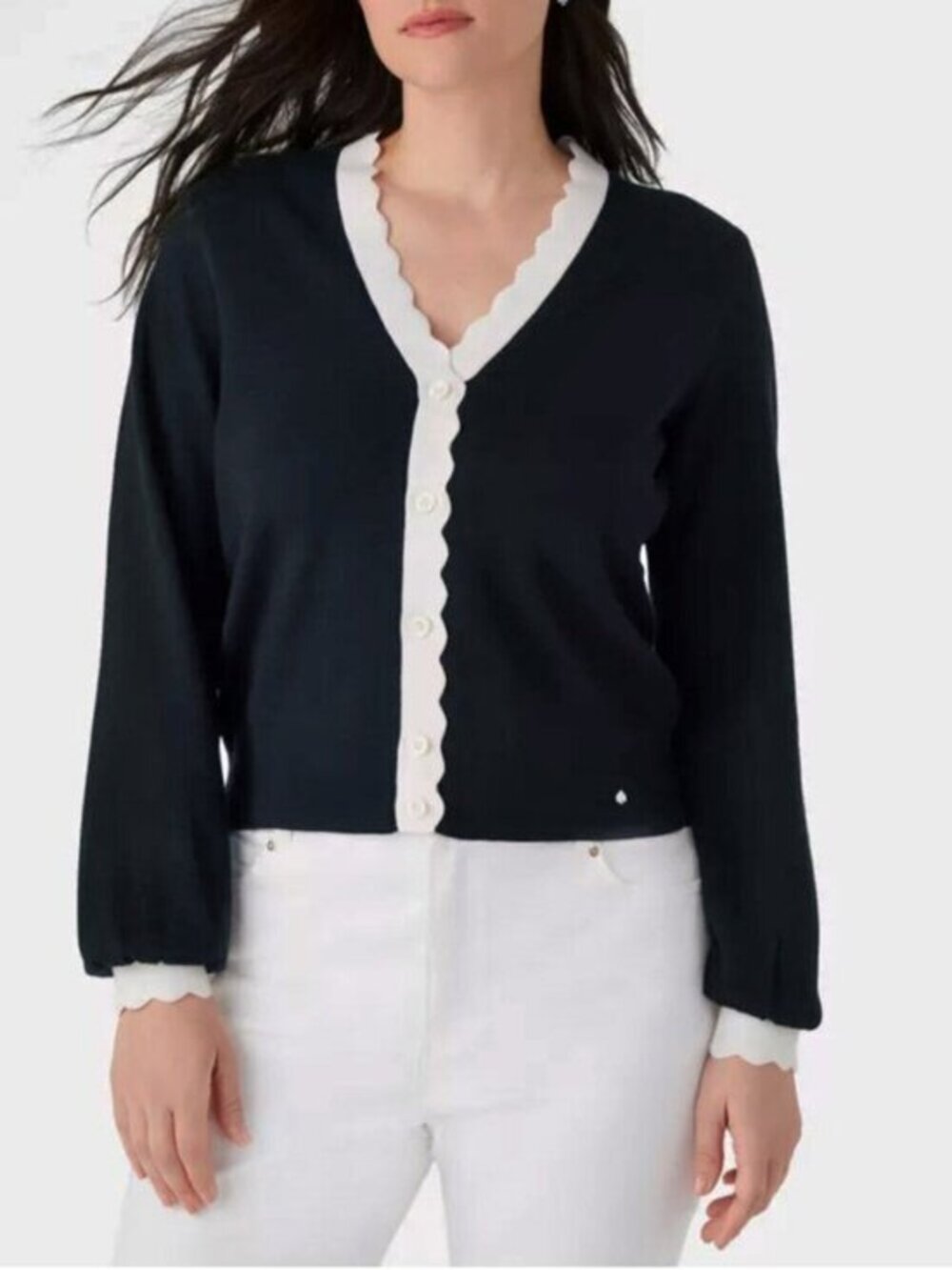 New Kate Spade Scallop Trim Cardigan Navy White XL $299